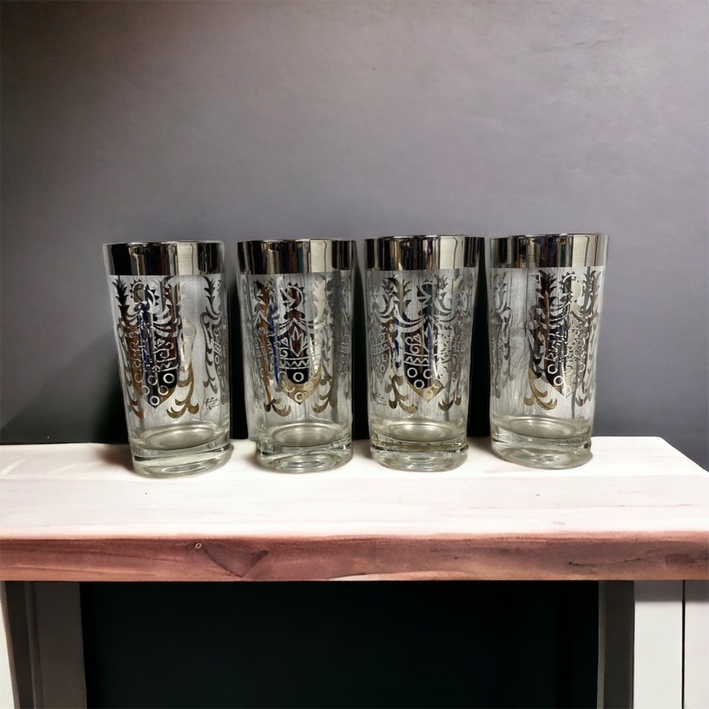 Kimiko Signed Silver Knight Shield Highball Glasses set of 4 Cups Drink-ware